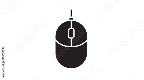 Computer mouse icon with a sleek black silhouette and a simple white scroll wheel outline featuring cursor, pointer, technology with hardware and