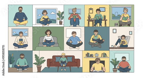 Diverse individuals immersed in reading books and digital content from their homes, reflecting a universal pursuit of knowledge, relaxation, and personal growth