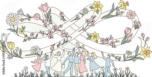 Diverse group of people holding up a blossoming infinity symbol decorated with beautiful springtime flowers