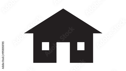 House icon with a peaked roof, two square windows, and an open doorway, representing home and shelter.