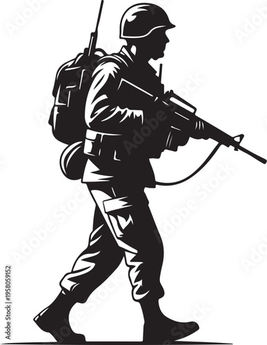 Vector silhouette of a soldier with rifle and backpack