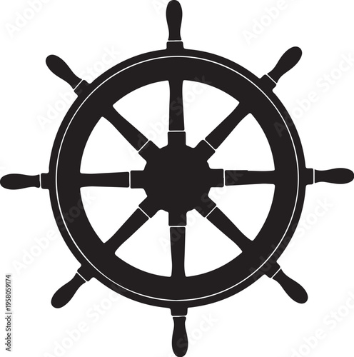 Vector ship wheel icon, black and white nautical steering wheel