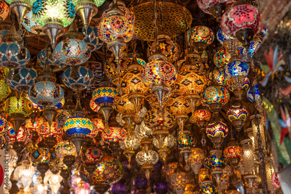 Fototapeta premium Colorful Traditional Turkish Mosaic Lanterns Hanging in Grand Bazaar Market 