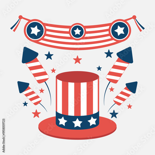 Uncle sam hat, fireworks, and bunting for american independence day celebration, fourth of july