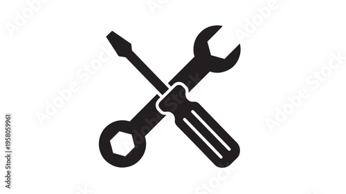 Screwdriver and wrench icon set with black silhouette on white background, representing repair and construction tools.