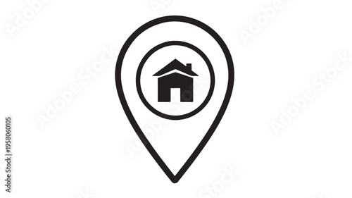 Location pin icon with house symbol inside, signifying home or real estate location, presented in simple black and white silhouette.