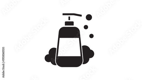 Bottle of liquid soap with pump dispenser and foamy bubbles, representing hygiene and cleaning. featuring hand wash, body wash, sanitizer with foam