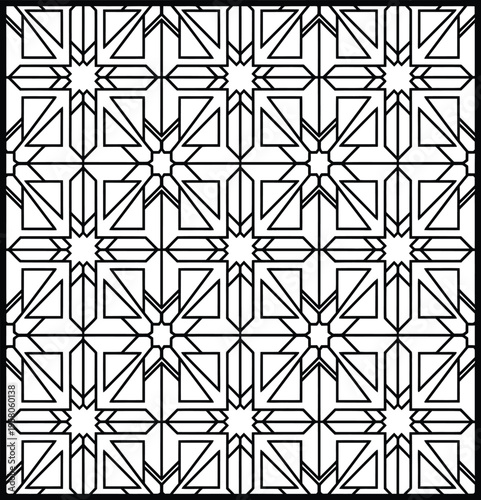 Graceful arabesque seamless geometric design in monochrome manner, flawless for textile, background, and innovative layout projects.