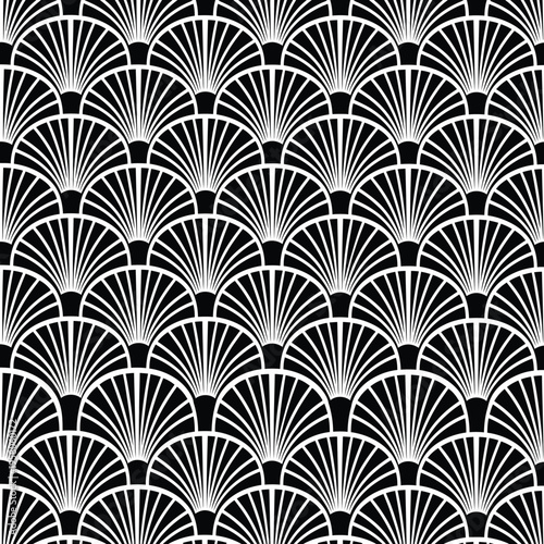 Graceful black and white illustration deco seamless design with fan-shaped geometric motifs, flawless for backgrounds, textiles, and vintage designs.