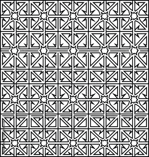 Intricate black and white seamless geometric design featuring traditional islamic mosaic illustration with ornamental stars and triangles, flawless.