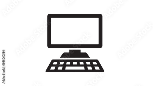 Computer icon with a monitor and keyboard presented with a simple, clean black outline on a white background, symbolizing technology and digital
