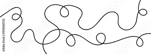 Continuous black squiggle line cable abstract wavy vector illustration pattern white background. Cable thread that is curved and flows horizontally with organic squiggle line loops tangled curve.