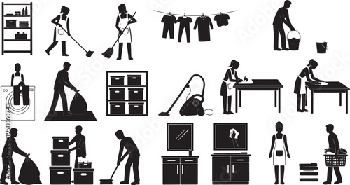 Collection of silhouettes illustrating household cleaning activities, including sweeping, vacuuming, window washing, laundry, and organizing, Clothes Line