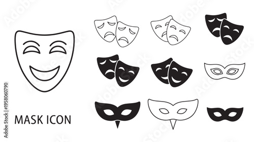 Masks icons set featuring comedy and tragedy symbols, theatrical masks, and masquerade eye masks in line art and solid black.