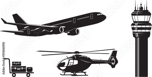 Black and white silhouettes of an airplane, helicopter, luggage cart, and air traffic control tower, representing air travel and airport operations