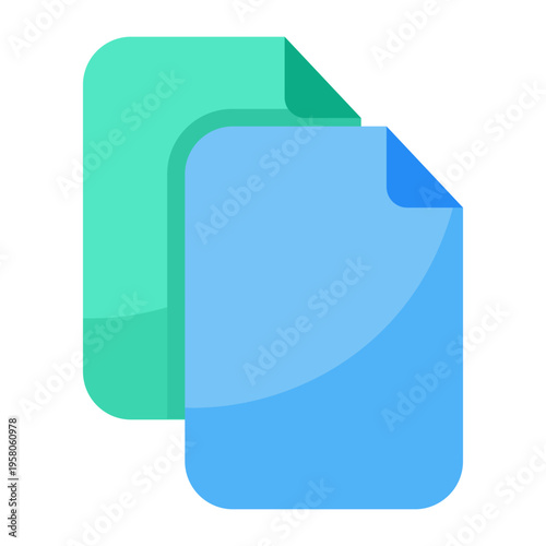 Modern vector graphic of two overlapping blue and green document icons, symbolizing efficient digital file organization and data management for technology and information systems