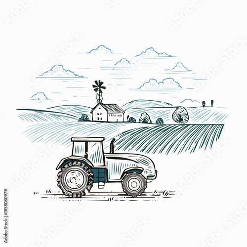 Farm landscape with tractors ink sketch vector illustration