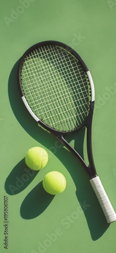Black tennis racket with white grip and two green tennis balls placed on green court surface representing sports equipment  