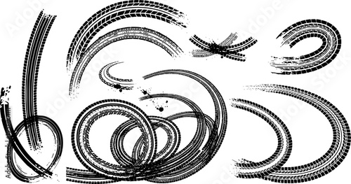 Set of grunge tire tracks, curved black tread prints, drift skid marks with ink splashes.