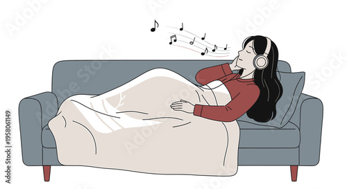 Cozy Home Serenity A Young Woman Unwinds on a Sofa, Wrapped in a Soft Blanket and Listening to Her Favorite Music with Headphones, Illustrating Relaxation and Personal Escape