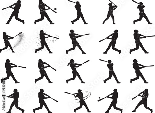 Baseball Player Silhouettes Bundle Action Shots Swing Poses