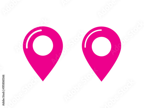 Two vibrant magenta location pins are displayed side-by-side on a white background symbolizing dual points of interest.