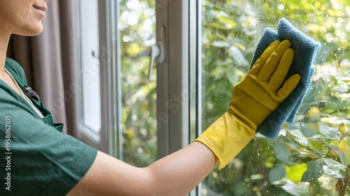 Woman cleaning a window with microfiber cloth and yellow glove in fresh green daylight tones