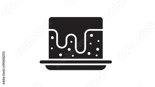 Cake icon with icing and dots, simple black and white illustration representing dessert or confectionery treat on a plate.