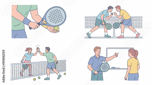 Padel Players Practice Serve Coaching and Team Strategy Scene Vector
