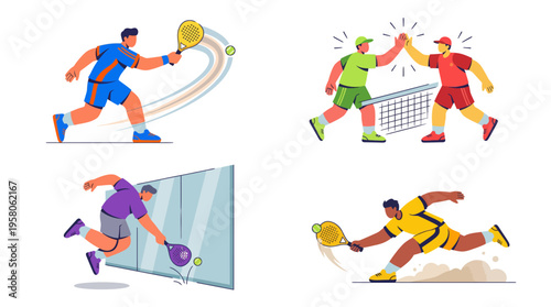 Padel Players Action Smash Rally and Dive Shot Vector Illustration Set