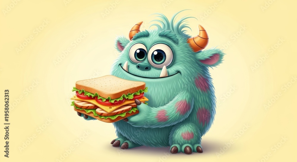 Obraz premium Fluffy monster holding a sandwich. Cute cartoon character with horns eating lunch. Friendly creature for graphic design of kids menu, food advertising and children illustration concept.