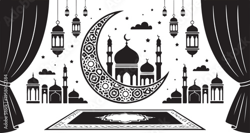 Black and white illustration of a crescent moon with mosque and lanterns for Ramadan  Islamic holiday symbol