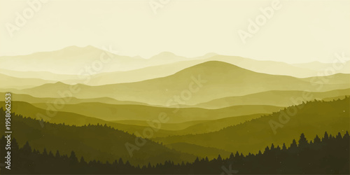 A misty morning mountain landscape reveals a serene valley view at dawn as the sun rises over the forest horizon and blue hills shrouded in fog
