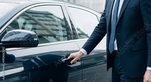 Man in suit opening car door. Professional driver offering transportation service to client. Executive elegant chauffeur standing by sedan vehicle. Business travel and luxury trip concept.