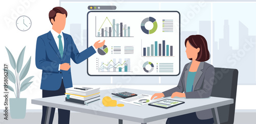 Businessman presenting financial data to colleague in modern office setting