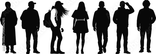 Silhouette people standing, diverse clothing styles, black white minimal illustration, posture variation, modern attire mix, vector art, fashion concept, design use