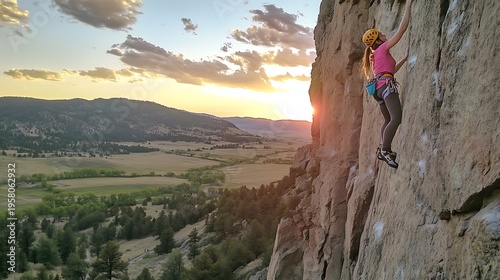 cliff female rock climber ascending a steep