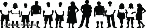 Silhouette people standing, diverse group illustration, fashion posture figures, black white minimal style, children adults mix, vector art scene