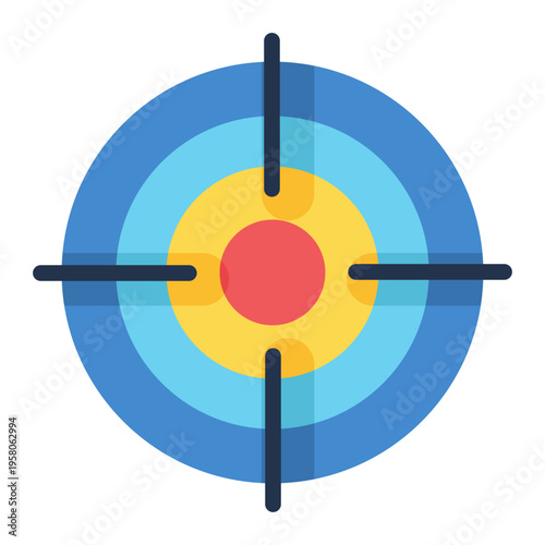 Vibrant flat design target icon with crosshairs and a central bullseye, symbolizing focused aim and strategic goal achievement for business objectives or sports challenges