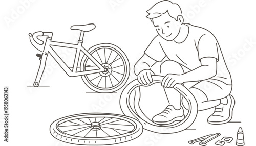A man repairing a bicycle tire with tools on the ground