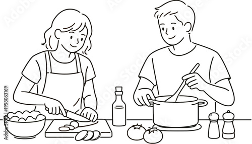 A couple cooking together in a modern kitchen with fresh vegetables