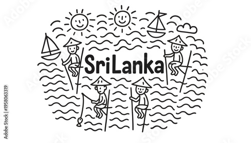 Sri Lanka icon illustration with fishermen and sailboats in a cartoon style