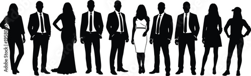 Silhouette people standing, fashion diversity, formal and casual attire, minimal vector art, black figures, style contrast, social roles, clothing variety