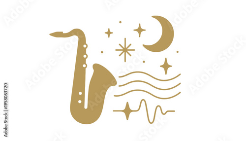 A golden saxophone silhouette illustration with celestial music symbols and stars
