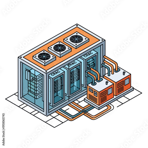 Isometric Data Center Illustration - Servers, Cooling, and Power Systems.