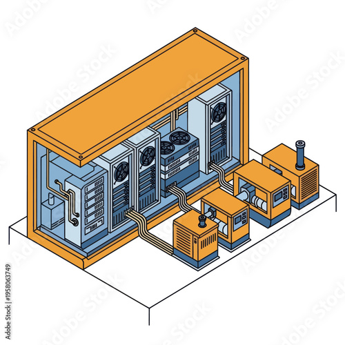 Isometric View of a Modular Data Center and Generators.