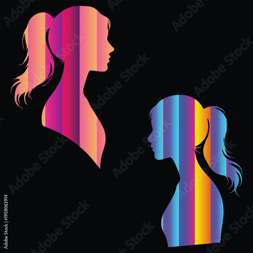  Two Female Silhouette Profiles, Colorful Gradient Modern Vector Art.