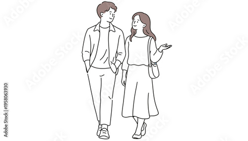 A young couple walking together in a casual outdoor setting illustration