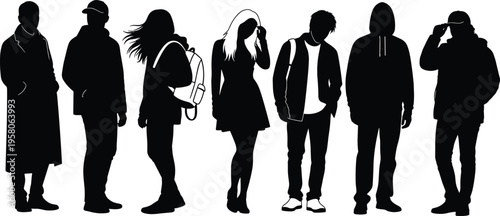 Silhouette people, casual fashion, diverse posture, standing figures, black vector, flat design, hoodie jacket coat, modern style, character mix, urban outfit