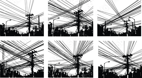 Silhouette Set of Messy Electrical Power Lines and High Voltage Utility Poles with Tangled Wires for Urban City Infrastructure Concept,